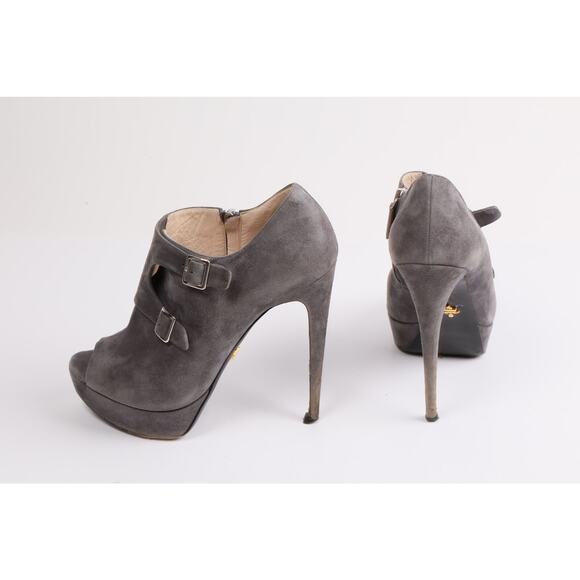 PRADA Gray Suede Leather Peep Toe Buckle Platform Ankle Boots Booties Size 39 - Picture 11 of 12